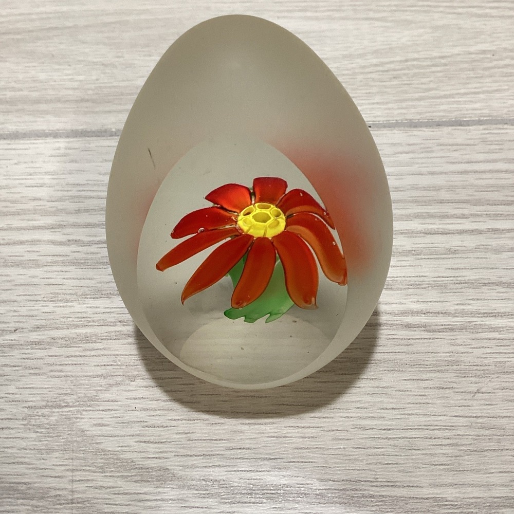 Art Deco Glass Paperweight 2.5x3.25" Orange Green Flower Frosted Glass Egg Shape